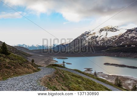 The Mont Cenis lake empty.: panorama in the morning