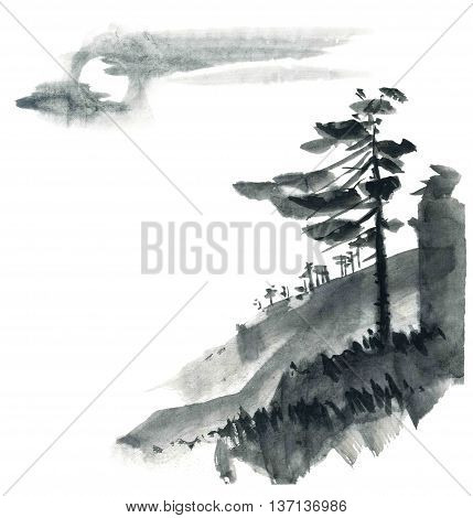 Watercolor and ink chinese landscape - sky pine trees. Sumi-e u-sin gohua painting.