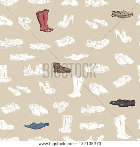 Hand drawing various types of different footwear. Shoes icons sketch male and female shoes sandals boots moccasins rubber boots and else. Vector illustration of shoes sketch seamless background.