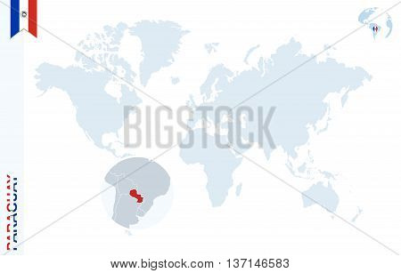 Blue World Map With Magnifying On Paraguay.