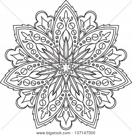 Abstract Vector Black Lace Design In Mono Line Style - Septangular Mandala, Ethnic Decorative Elemen