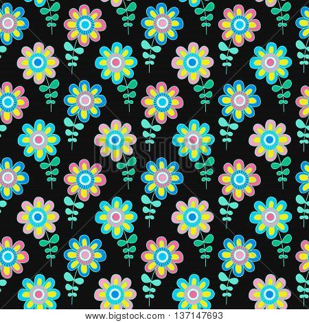 Vector seamless pattern with cute doodle flowers. Hand drawn background for kids. Nice floral backdrop. Bright plants on black background. Yellow pink blue green and white colors.