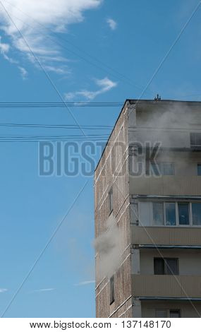MOSCOW RUSSIA JULY 07. 2016: - Big fire in apartment building on Pavla Korchagina street 7 the early stage