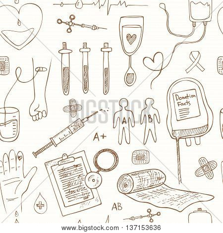 Donor blood donation sketch decorative seamless patternisolated vector illustration