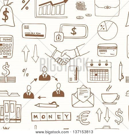 Seamless pattern with doodle sketch business icons isolated vector illustration