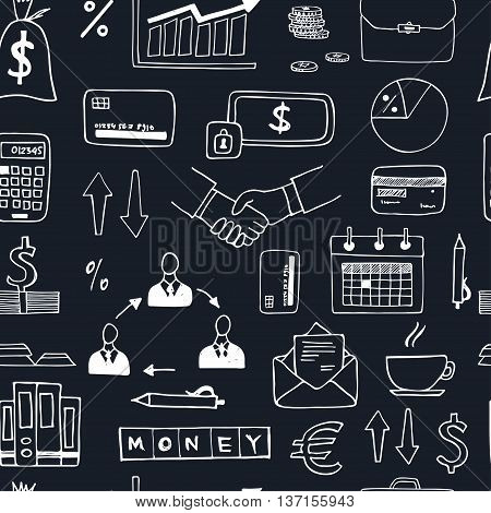 Seamless pattern with doodle sketch business icons isolated vector illustration