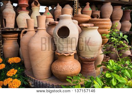 Eastern Pitchers Stand On A Shelf