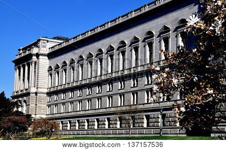 Washington DC - April 10 2014: The 1897 beaux arts Jefferson Building's west front at the Library of Congress