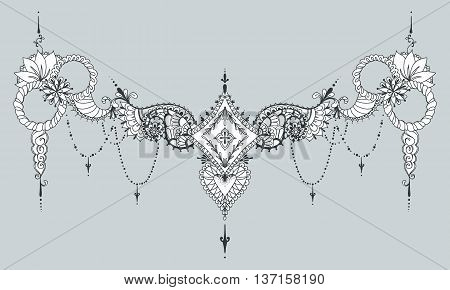 Template for tattoo design with mehndi elements and rhombus on the center. Can be used on the collarbones. Floral ornament. Islam arabic indian ottoman motifs. Black and white vector illustration.