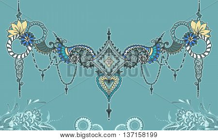 Template for tattoo design with mehndi elements and rhombus on the center. Can be used on the collarbones. Floral ornament. Islam arabic indian ottoman motifs. Black and white vector illustration.