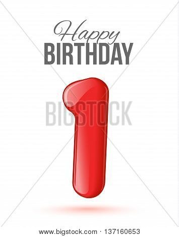 Sample greeting card to the 1 th anniversary. Air 3D red numbers from the figures. Invitation card to the party with balloons on a white background. Suitable for printing, web delivery, the jubilee