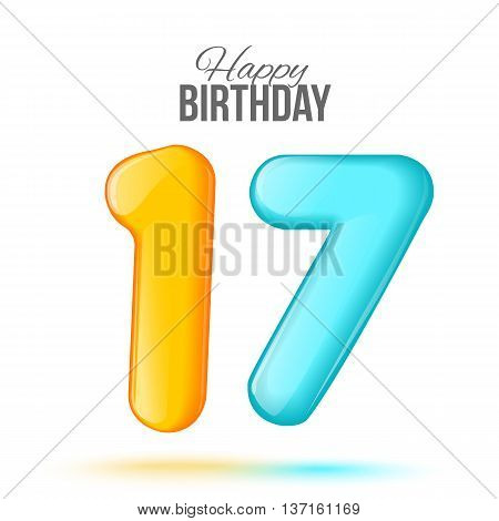 Sample greeting card to the 17 th anniversary. Air 3D red numbers from the figures. Invitation card to the party with balloons on a white background. Suitable for printing, web delivery, the jubilee