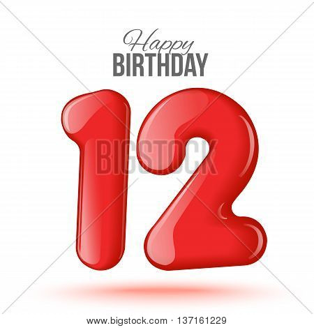 Sample greeting card to the 12 th anniversary. Air 3D red numbers from the figures. Invitation card to the party with balloons on a white background. Suitable for printing, web delivery, the jubilee