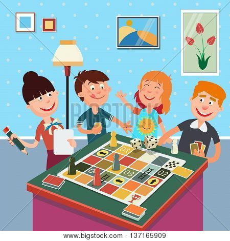 Family Playing Board Game. Happy Family Weekend. Vector illustration