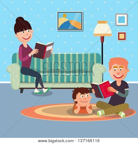 Father Reading Book to his Son. Mother Reading Book. Vector illustration