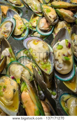 Pile of fresh seasoned mussel shellfish served cold on ice