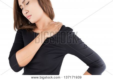 Woman with shoulder pain isolate on white background