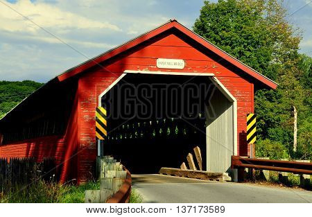 Bennington Vermont -September 18 2014: 1889 truss and lattice Paper Mill Covered Bridge over the Walloomsac River