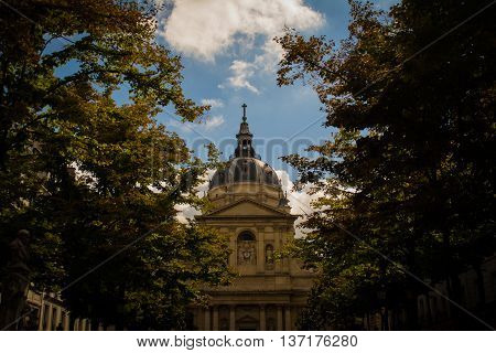 French Cathedral Church on Plaza Lined with Trees