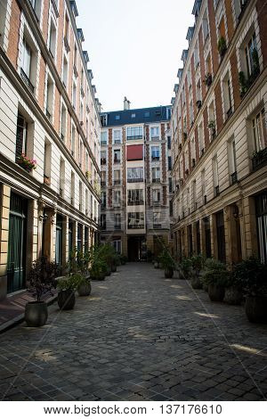 Parisian Apartment Courtyard with Bushes and Daylight