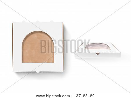 Pizza box design mock up with foil window isolated. Carton packaging box clear mockup. Delivery food plastic container template. Branding identity pizzeria restaurant design presentation element.