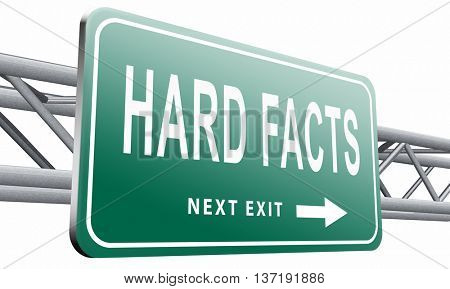 hard facts or proof, scientific proven fact and truth, road sign billboard, 3D illustration isolated on white 
