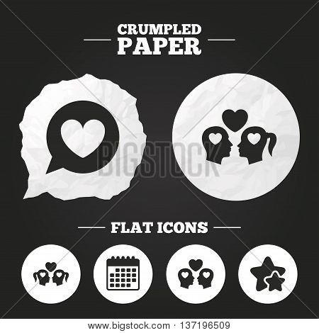 Crumpled paper speech bubble. Couple love icon. Lesbian and Gay lovers signs. Romantic homosexual relationships. Speech bubble with heart symbol. Paper button. Vector
