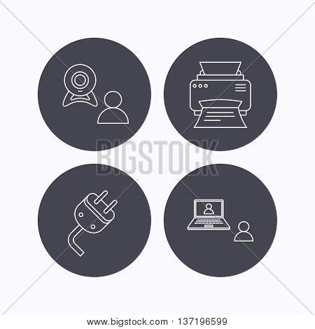 Video chat, printer and electric plug icons. Video conference linear sign. Flat icons in circle buttons on white background. Vector
