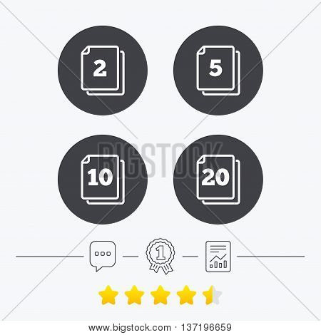 In pack sheets icons. Quantity per package symbols. 2, 5, 10 and 20 paper units in the pack signs. Chat, award medal and report linear icons. Star vote ranking. Vector