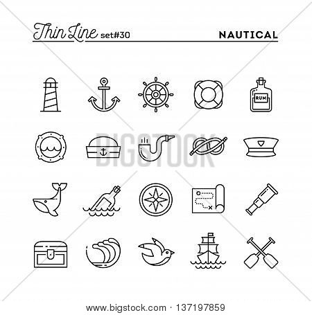 Nautical sailing sea animals marine and more thin line icons set vector illustration