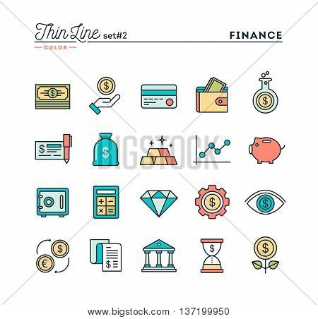 Finance money banking business and more thin line color icons set vector illustration
