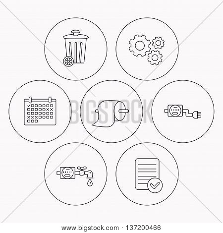 Trash bin, electricity and water counter icons. Toiler paper linear sign. Check file, calendar and cogwheel icons. Vector