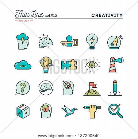 Creativity imagination problem solving mind power and more thin line color icons set vector illustration