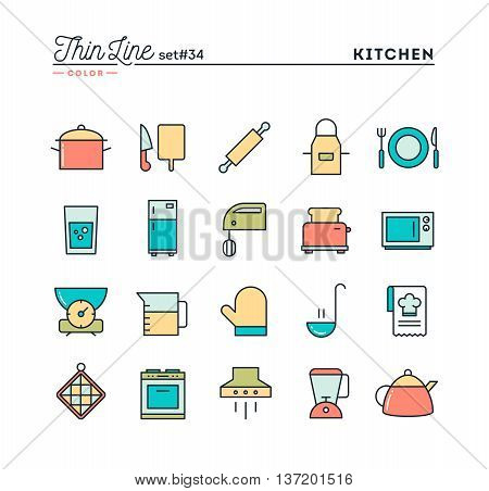 Kitchen utensils food preparation and more thin line color icons set vector illustration