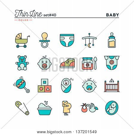 Baby pregnancy birth toys and more thin line color icons set vector illustration