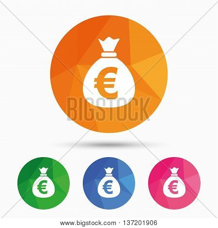 Money bag sign icon. Euro EUR currency symbol. Triangular low poly button with flat icon. Vector
