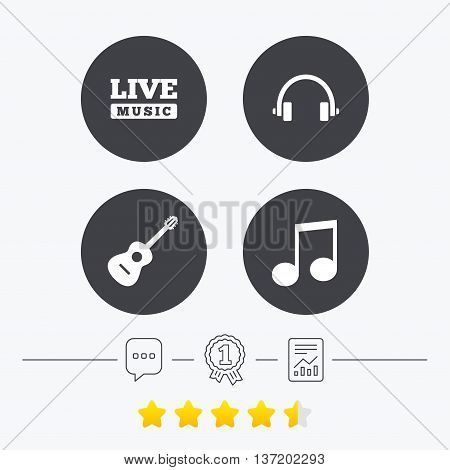 Musical elements icons. Musical note key and Live music symbols. Headphones and acoustic guitar signs. Chat, award medal and report linear icons. Star vote ranking. Vector