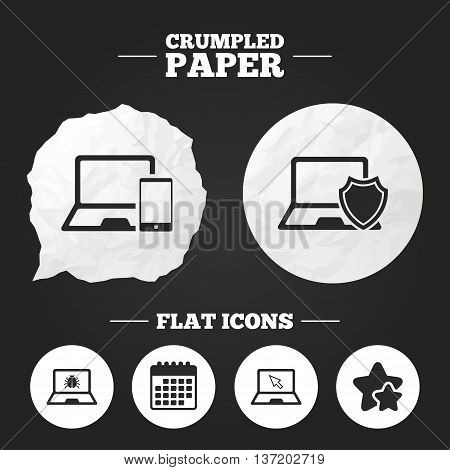 Crumpled paper speech bubble. Notebook laptop pc icons. Virus or software bug signs. Shield protection symbol. Mouse cursor pointer. Paper button. Vector
