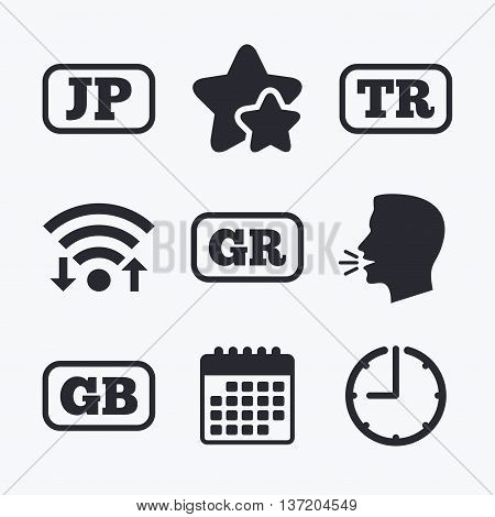 Language icons. JP, TR, GR and GB translation symbols. Japan, Turkey, Greece and England languages. Wifi internet, favorite stars, calendar and clock. Talking head. Vector