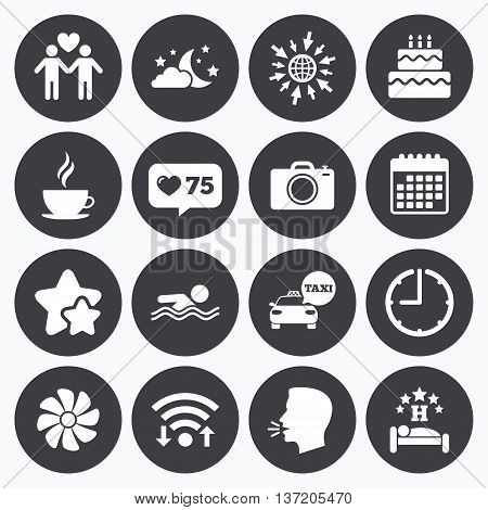 Calendar, wifi and clock symbols. Like counter, stars symbols. Hotel, apartment service icons. Swimming pool. Ventilation, birthday party and gay-friendly symbols. Talking head, go to web symbols. Vector