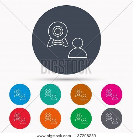 Video chat icon. Webcam chatting sign. Web conference symbol. Icons in colour circle buttons. Vector