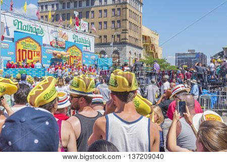 NEW YORK, JULY 4, 2016 - Nathan's hot dog eating contest  and 100th birthday of Nathan's Famous restaurant at the corner of Surf and Stillwell avenues, Coney Island