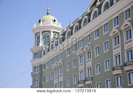 The exterior of a building on Zhongyang street in harbin China located in Heilongjiang province on a sunny blue sky day.