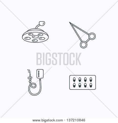 Drop counter, capsules and surgical lamp icons. Peans forceps linear sign. Flat linear icons on white background. Vector