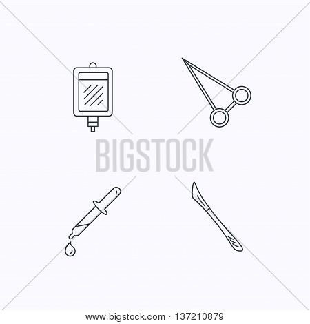 Pipette, blood donation and scalpel icons. Peans forceps linear sign. Flat linear icons on white background. Vector