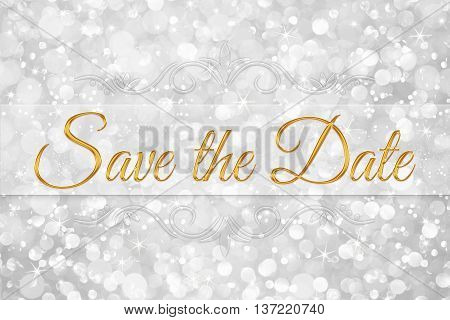 save the date word on white silver glitter bokeh abstract background