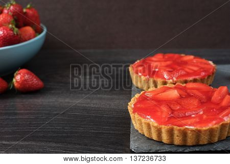 Chocolate Tart, Tartalette With White Chocolate And Mascarpone Cream, Fresh Strawberries On Top. Lar