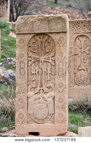 Sacred place at Ancient monastery Noravank in the mountains in Amaghu valley, Armenia. Was founded in 1205. 