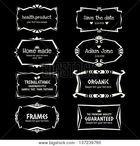 Doodle vector frame set.Ethnic Tribal style frame collection in monochrome.