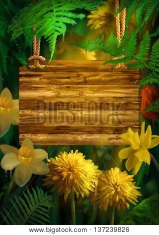 Watercolor flowers with paint drips. Floral digital painting. Wooden signboard hanging on a rope Daffodils, Dandelions under the fern leaves